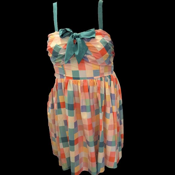 Unique Vintage - Pastel Rainbow Checkered Golightly Flare Dress (Size 2X/18) - Picture 1 of 5